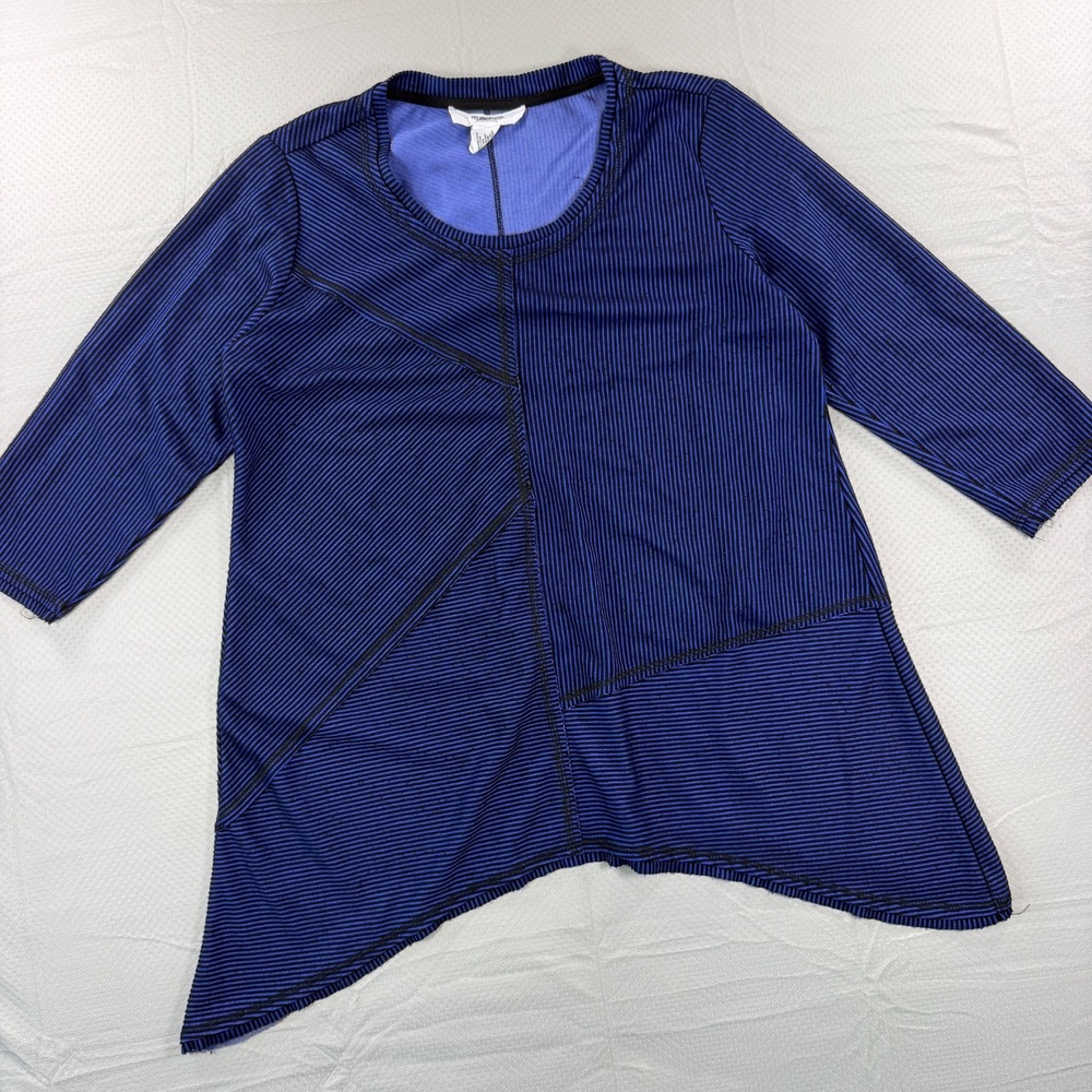 Workshop Republic Clothing Top Large Blue Black Striped Asymmetric Hem Tunic L